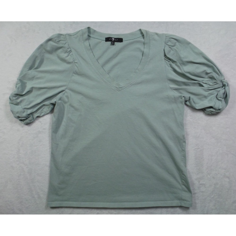 7 For All Mankind Top Womens Size S Green Rib Collar V-Neck Puff Sleeve Twist